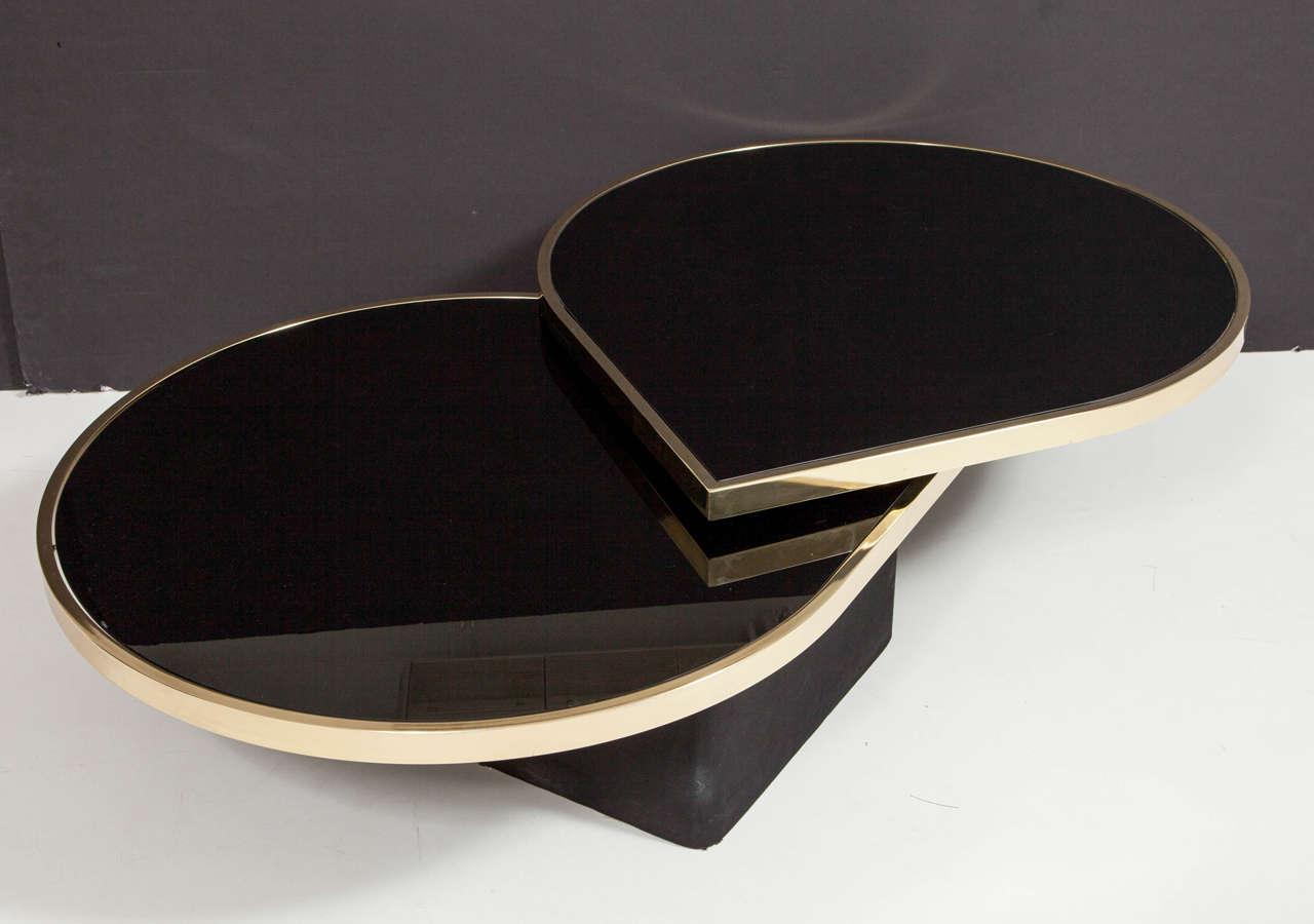 Mid-Century Modern Black Glass and Brass Teardrop Swivel Cocktail Table by DIA, Signed