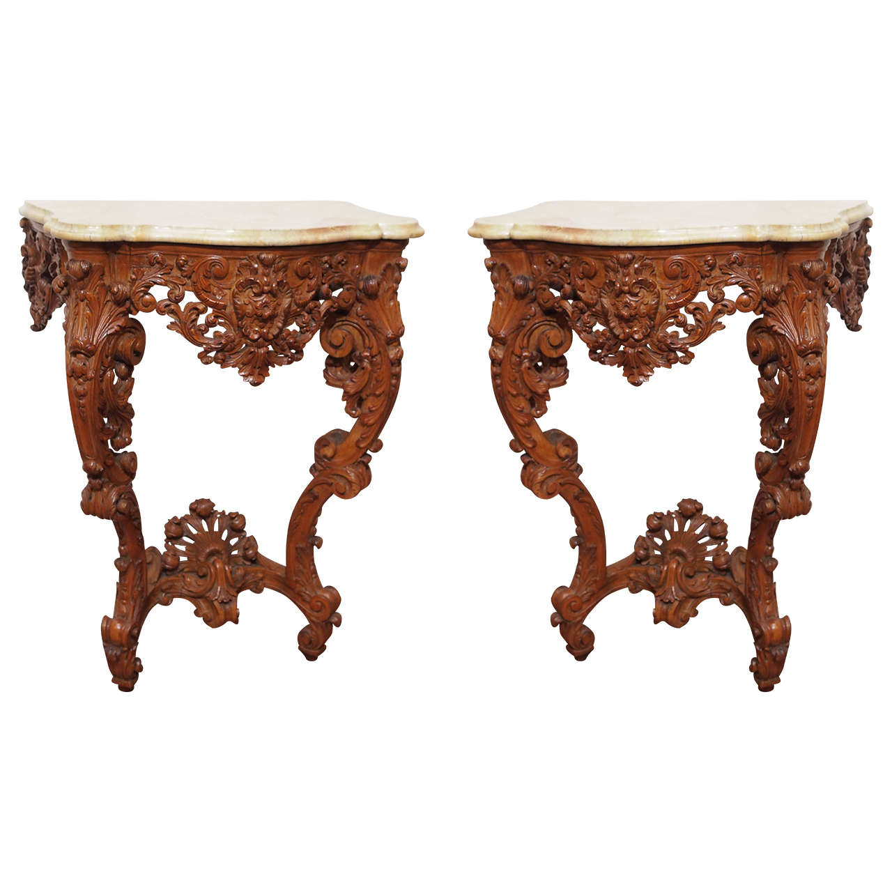 Pair of Louis XV Wall-Mounted Console Tables with Marble Top