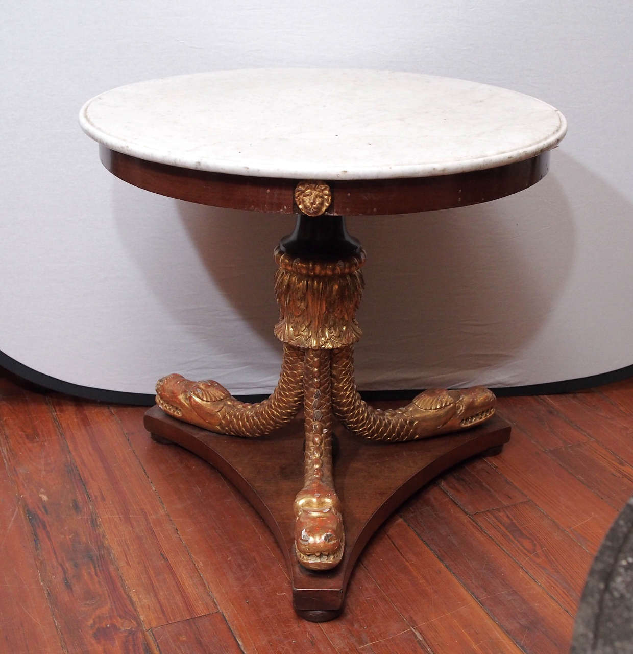 Biedermeier Round Table with Gilt Trifed Dolphin Supports