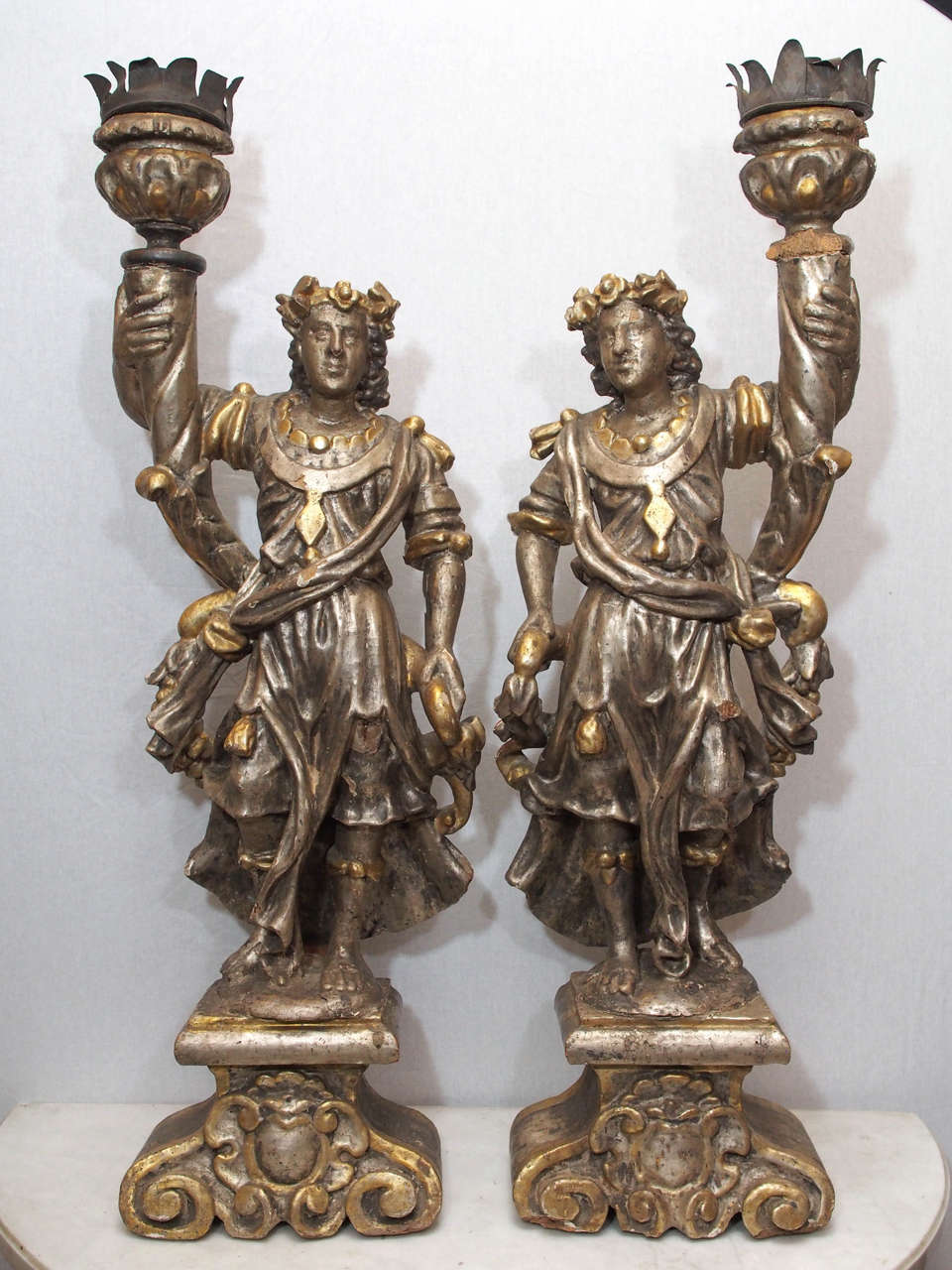 Pair of Italian Silver Gilt 18th Century Figural Candlesticks
