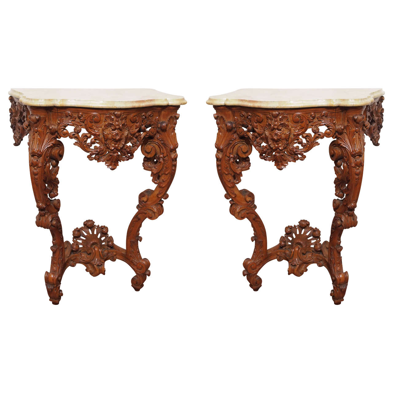 Pair of Louis XV Wall-Mounted Console Tables with Marble Top at 1stDibs