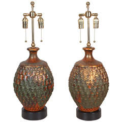 Pair of Ceramic Lamps with a Textured Volcanic Glaze Finish