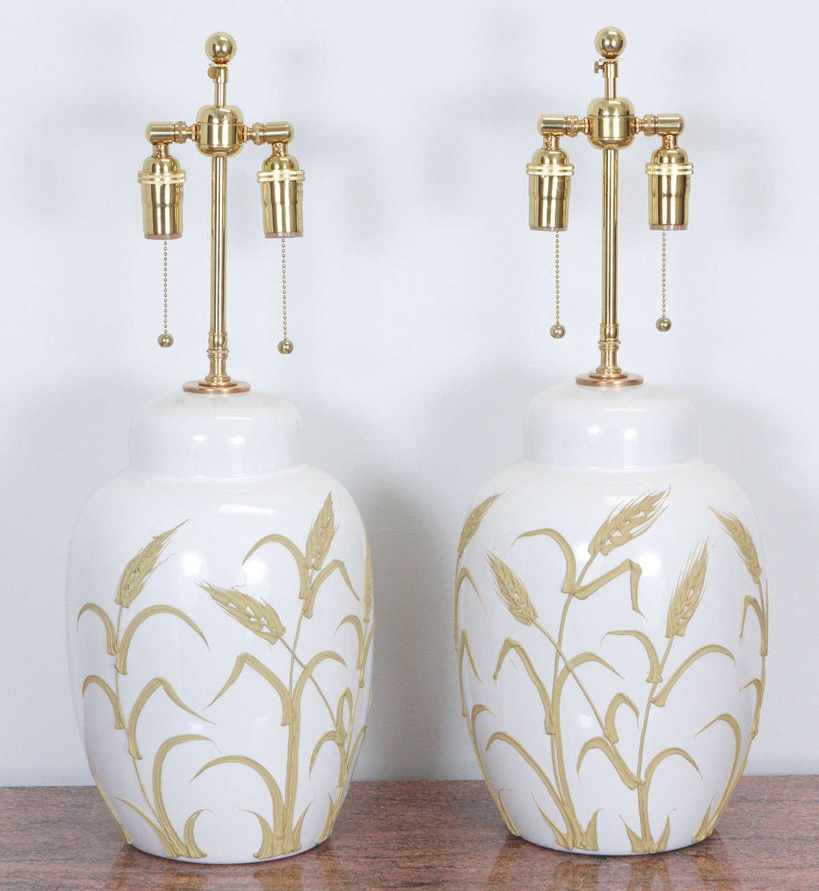 Pair of Unusual Ginger Jar Style Lamps with an Applied Wheat Pattern
