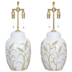 Pair of Unusual Ginger Jar Style Lamps with an Applied Wheat Pattern