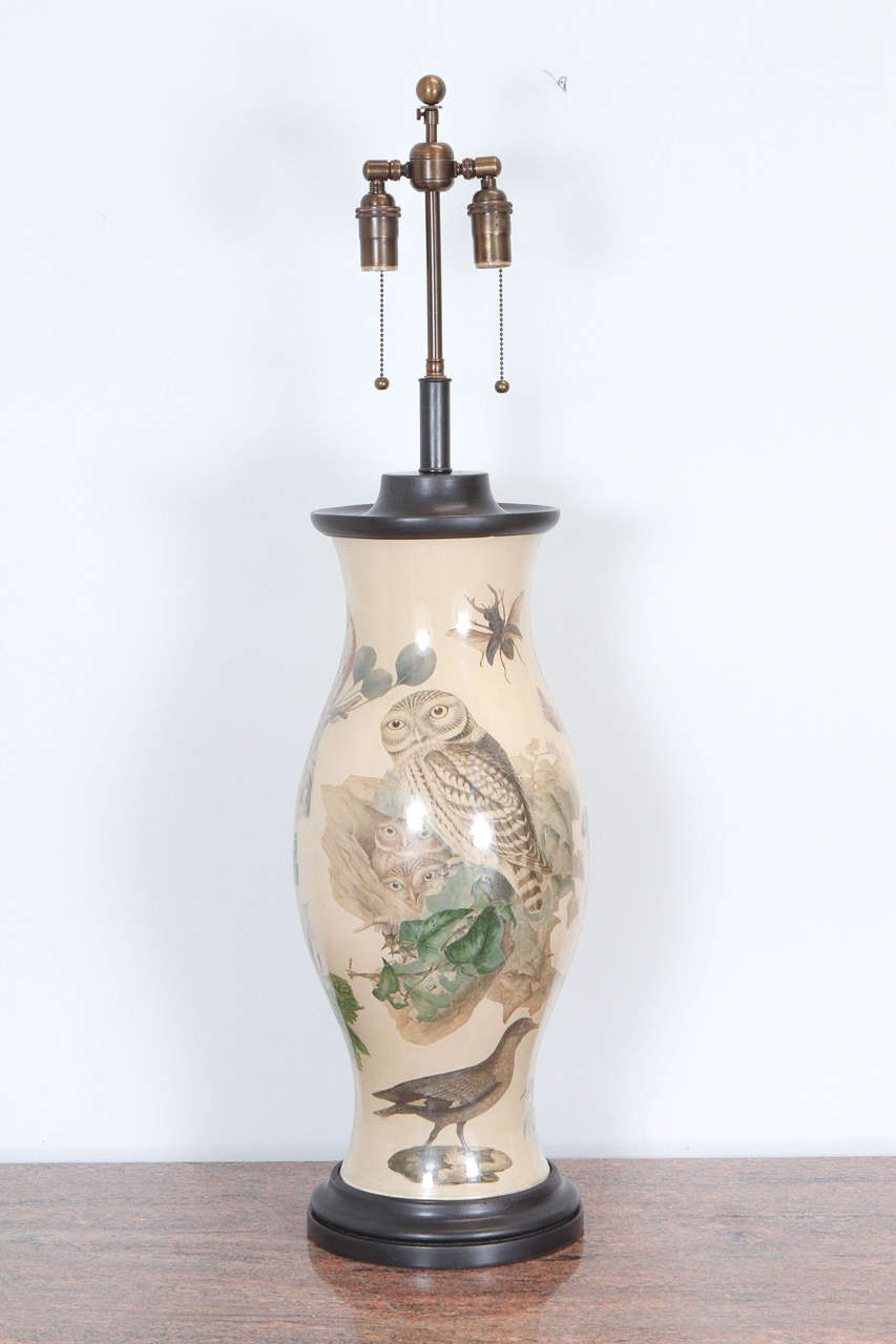 American Magnificent Pair of Hurricane Table Lamps Decorated with an Array of Birds