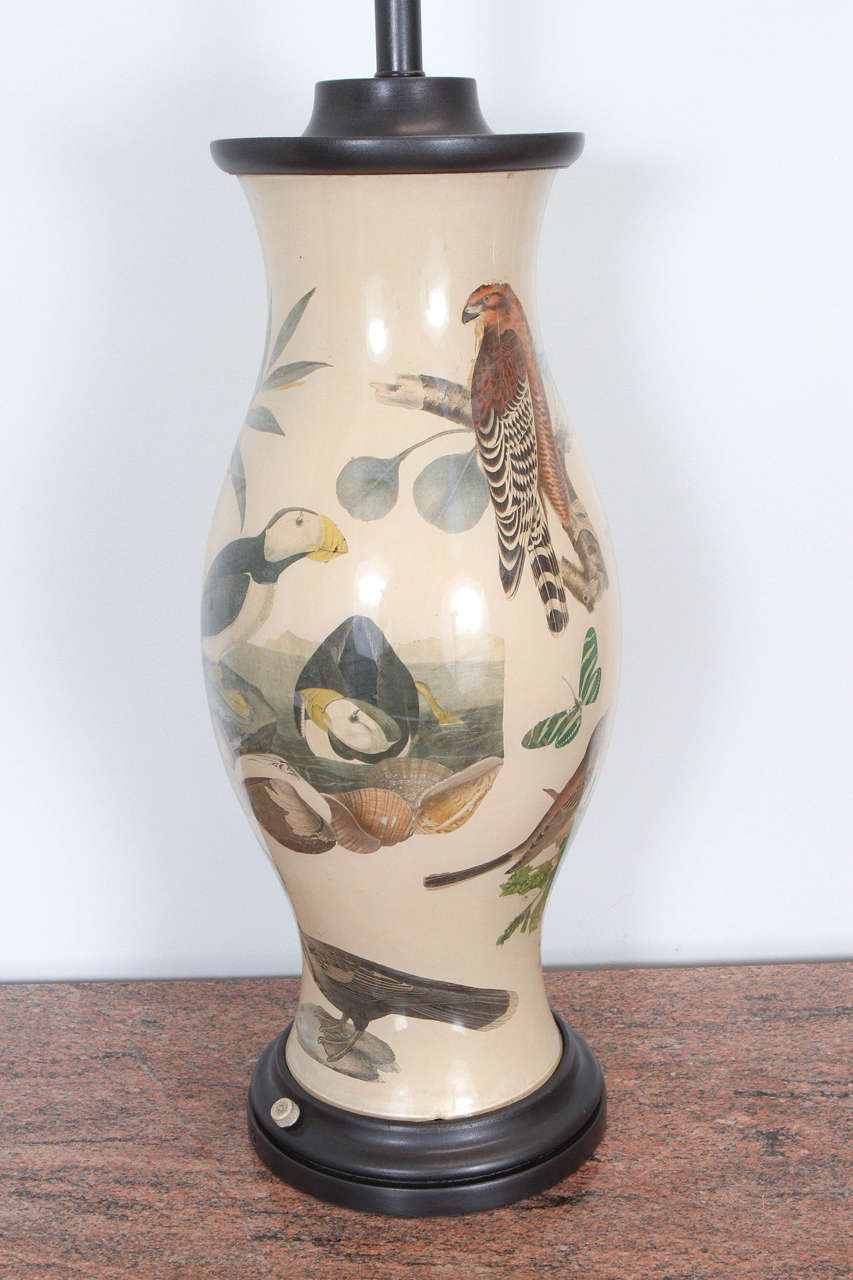Mid-20th Century Magnificent Pair of Hurricane Table Lamps Decorated with an Array of Birds