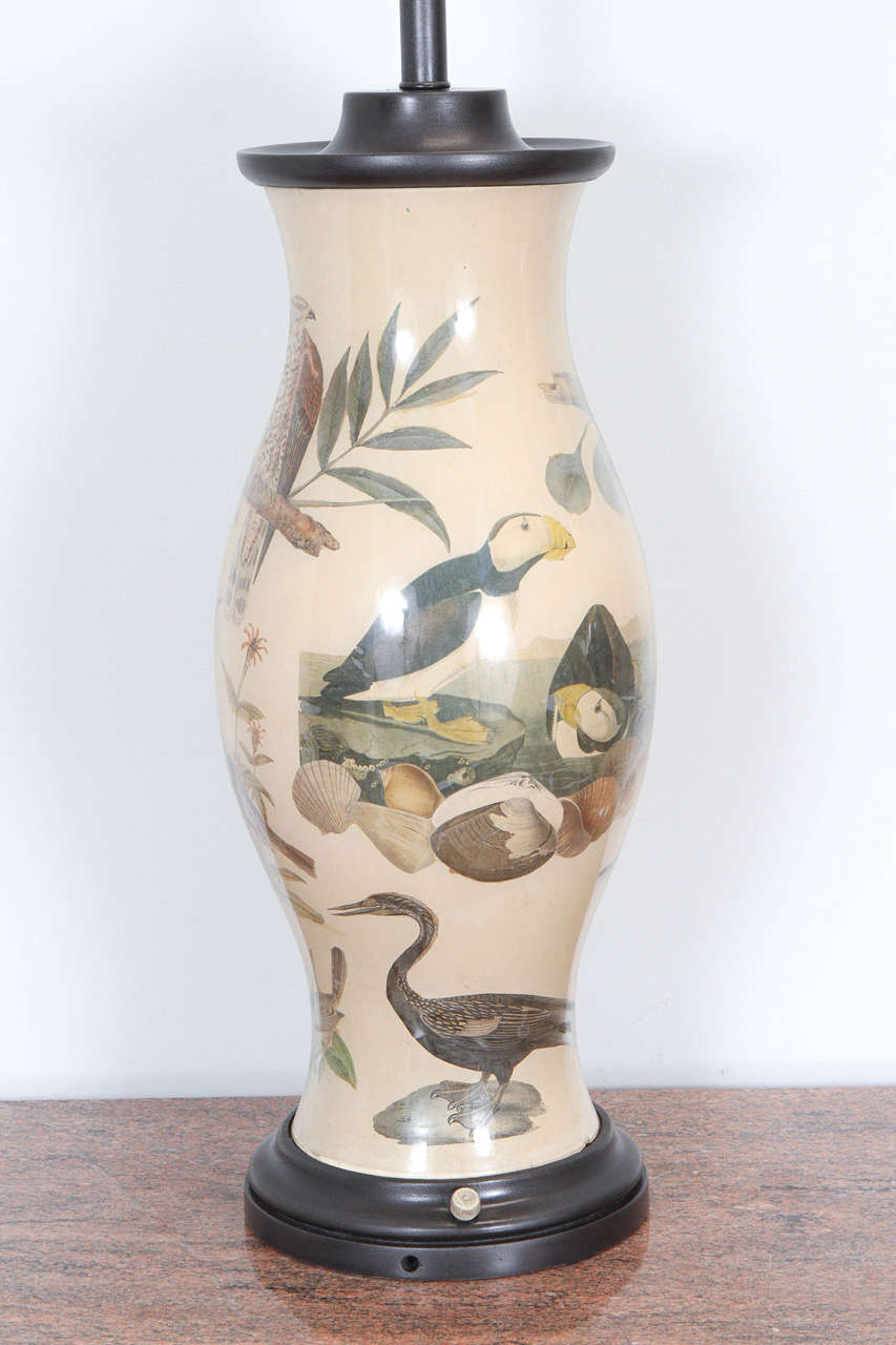 Glass Magnificent Pair of Hurricane Table Lamps Decorated with an Array of Birds