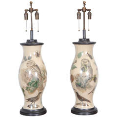 Magnificent Pair of Hurricane Table Lamps Decorated with an Array of Birds