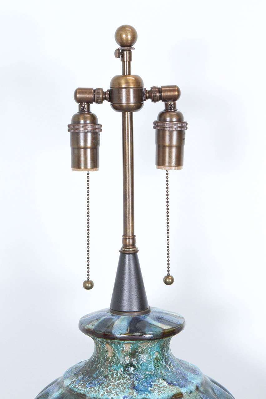 American Spectacular Pair of Ceramic Lamps with a Volcanic Glaze