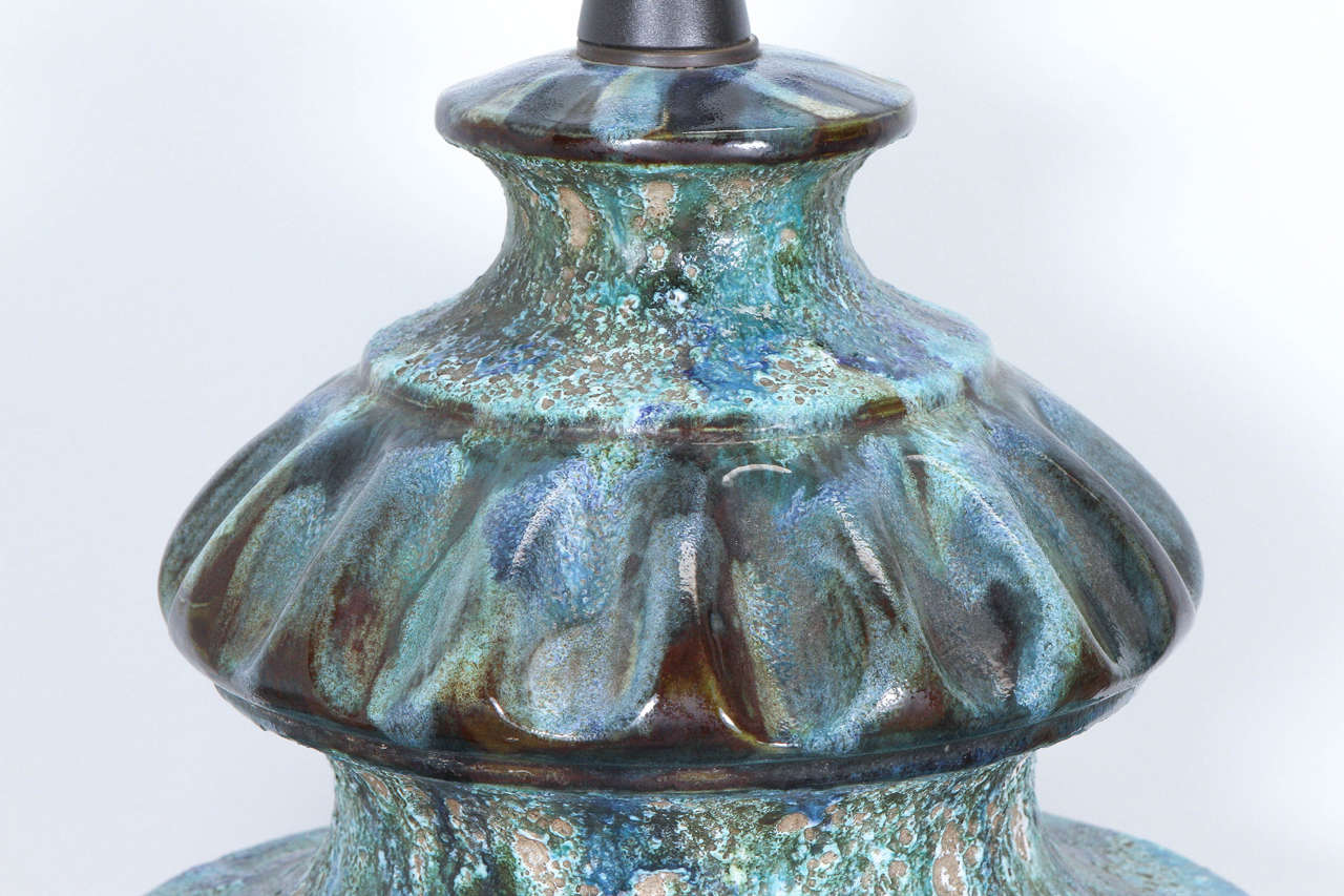 Mid-20th Century Spectacular Pair of Ceramic Lamps with a Volcanic Glaze