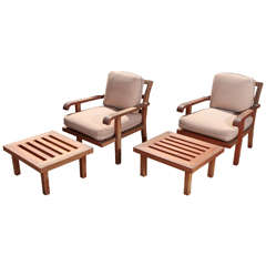 Pair of Teak Outdoor Armchairs with Ottomans