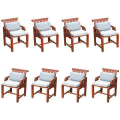 Unusual Set of Eight Outdoor Teak Dining Chairs