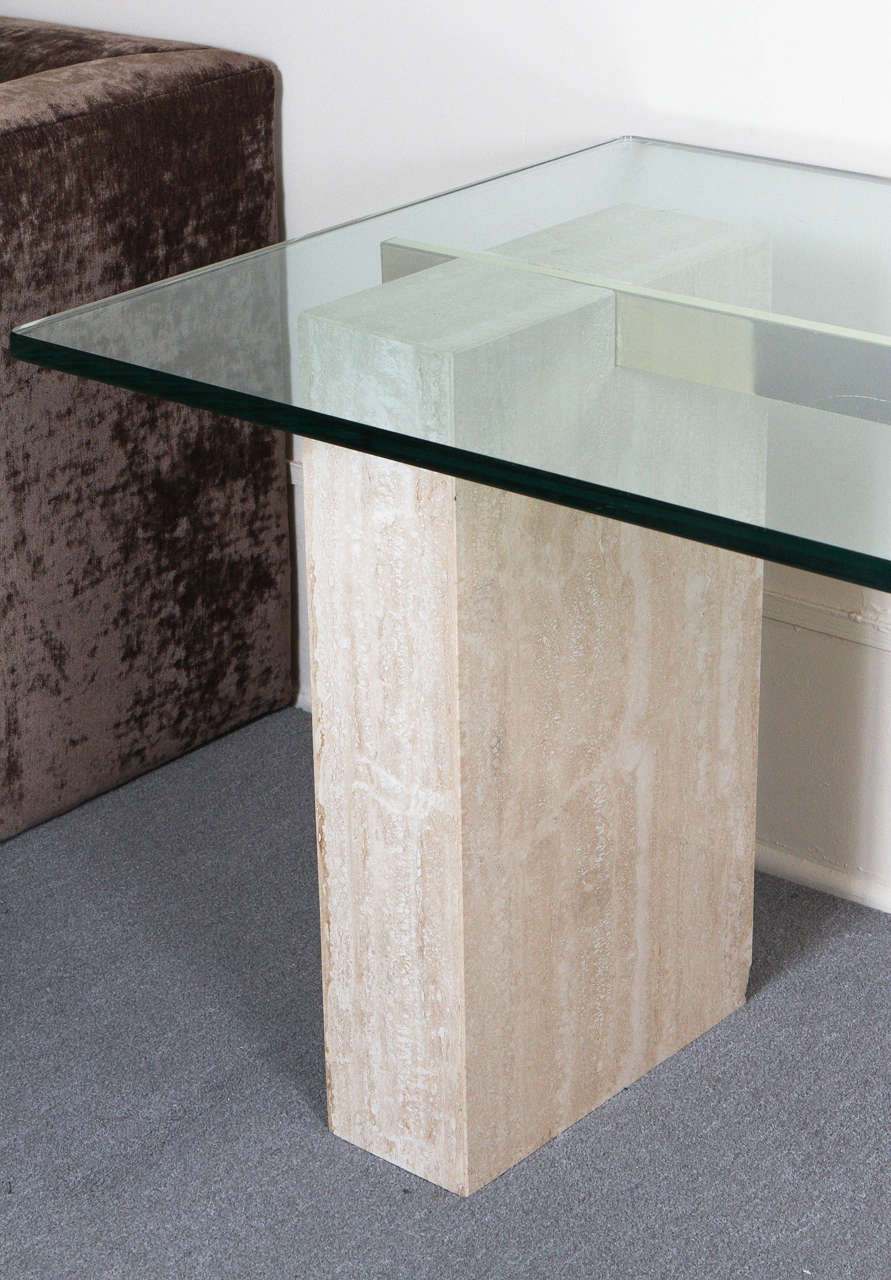 American Large Travertine and Glass Console or Dining Table