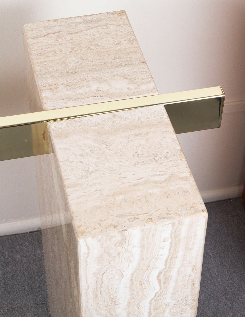 Brass Large Travertine and Glass Console or Dining Table