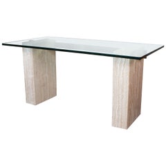 Large Travertine and Glass Console or Dining Table