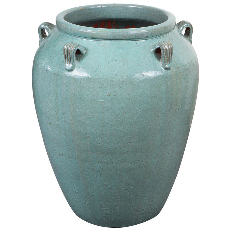Monumental Amphora Style Vase with Glossy Jade Glaze For Sale at 1stDibs