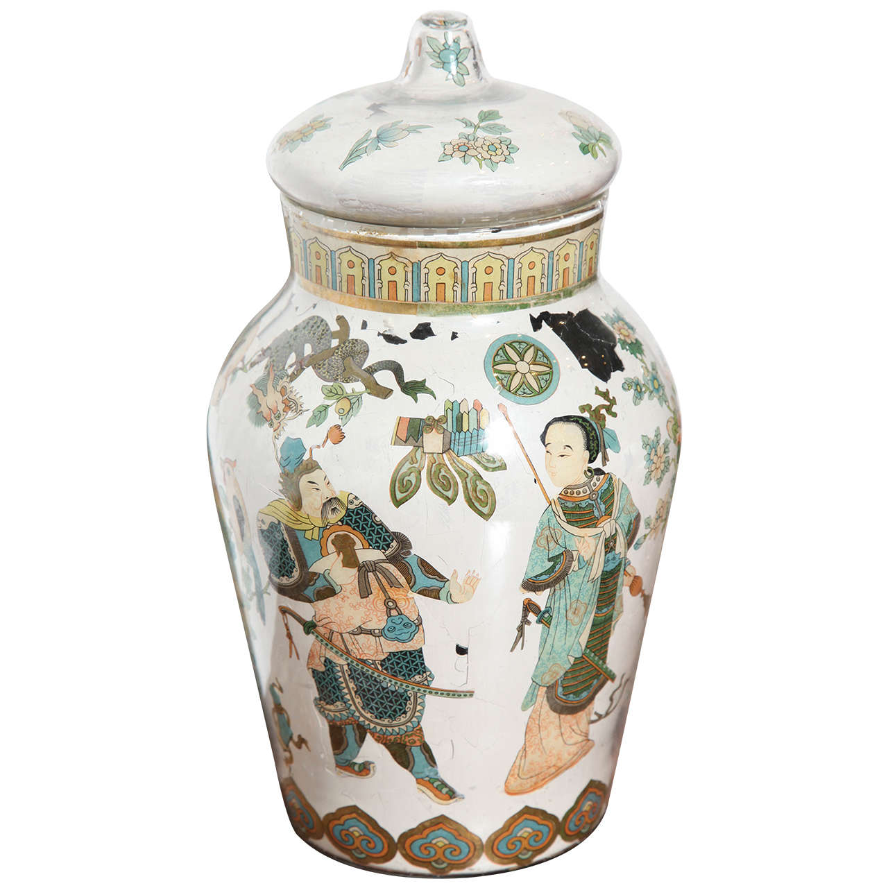 French 19th Century Decalcomania Chinoiserie Decorated Jar with Lid For Sale