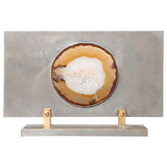 Brushed Stainless Steel Framed Geode Slice on Fitted Stand, France, circa 1970