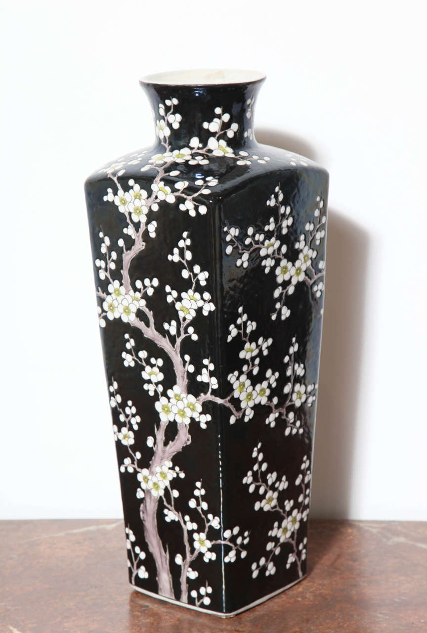 Black Glazed Chinese Vase with White Cherry Blossom Motif For Sale 2