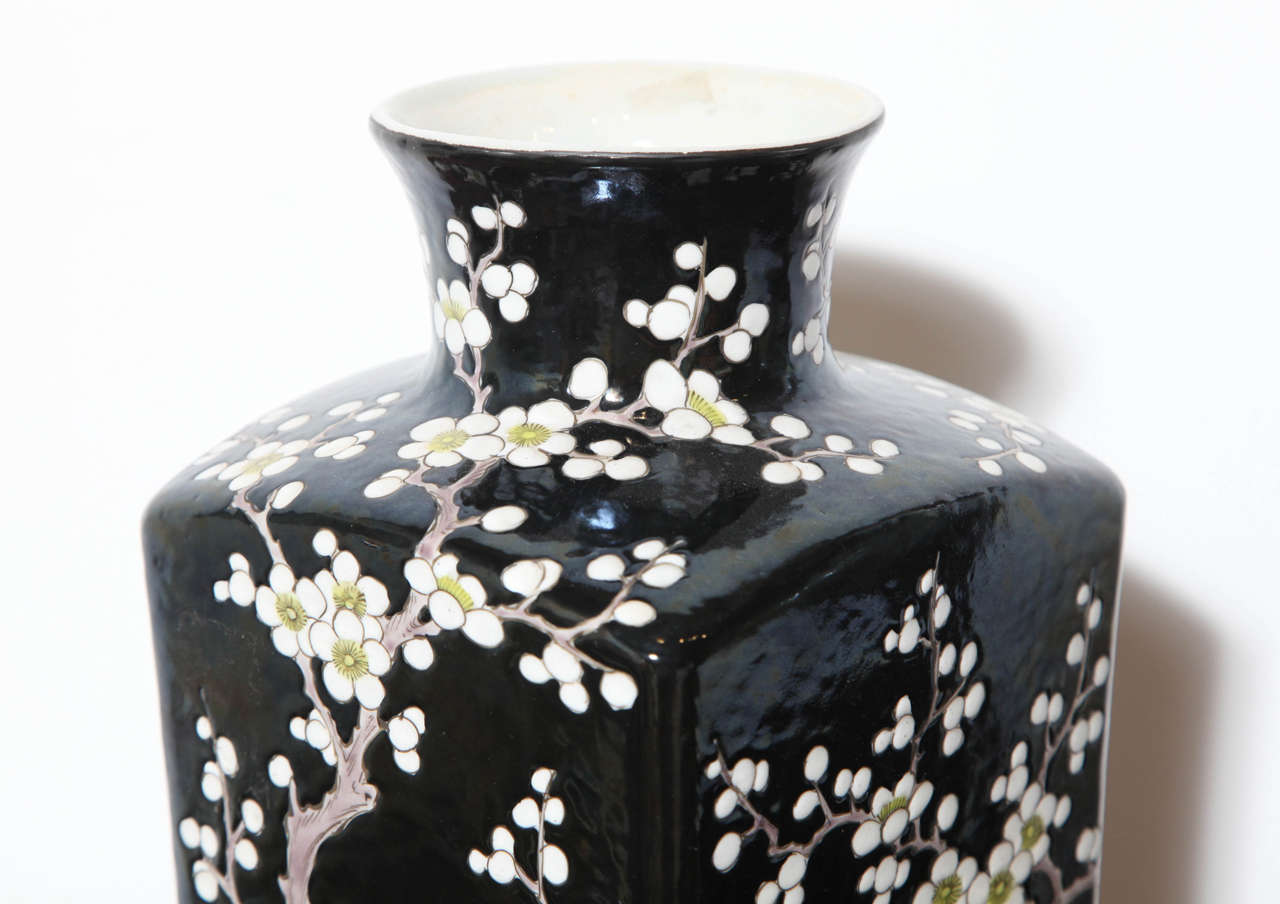 Black Glazed Chinese Vase with White Cherry Blossom Motif For Sale 3