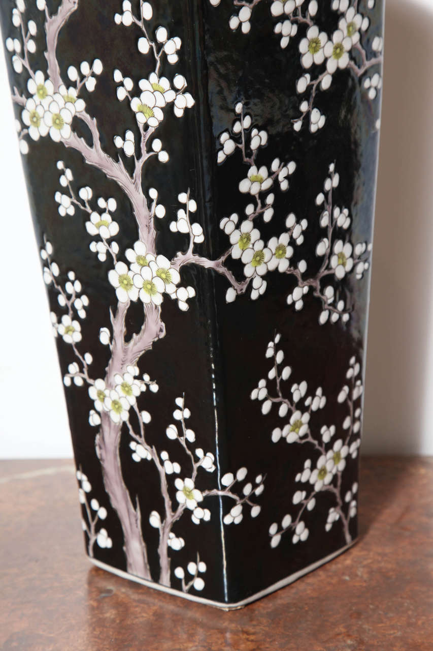 Black Glazed Chinese Vase with White Cherry Blossom Motif For Sale 4