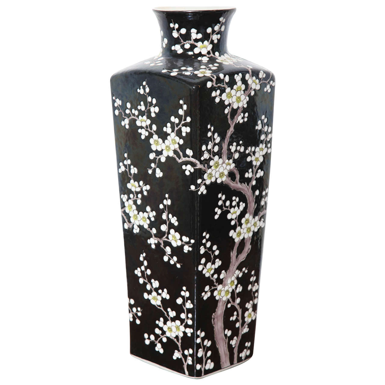 Black Glazed Chinese Vase with White Cherry Blossom Motif For Sale