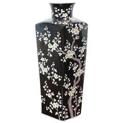 Black Glazed Chinese Vase with White Cherry Blossom Motif