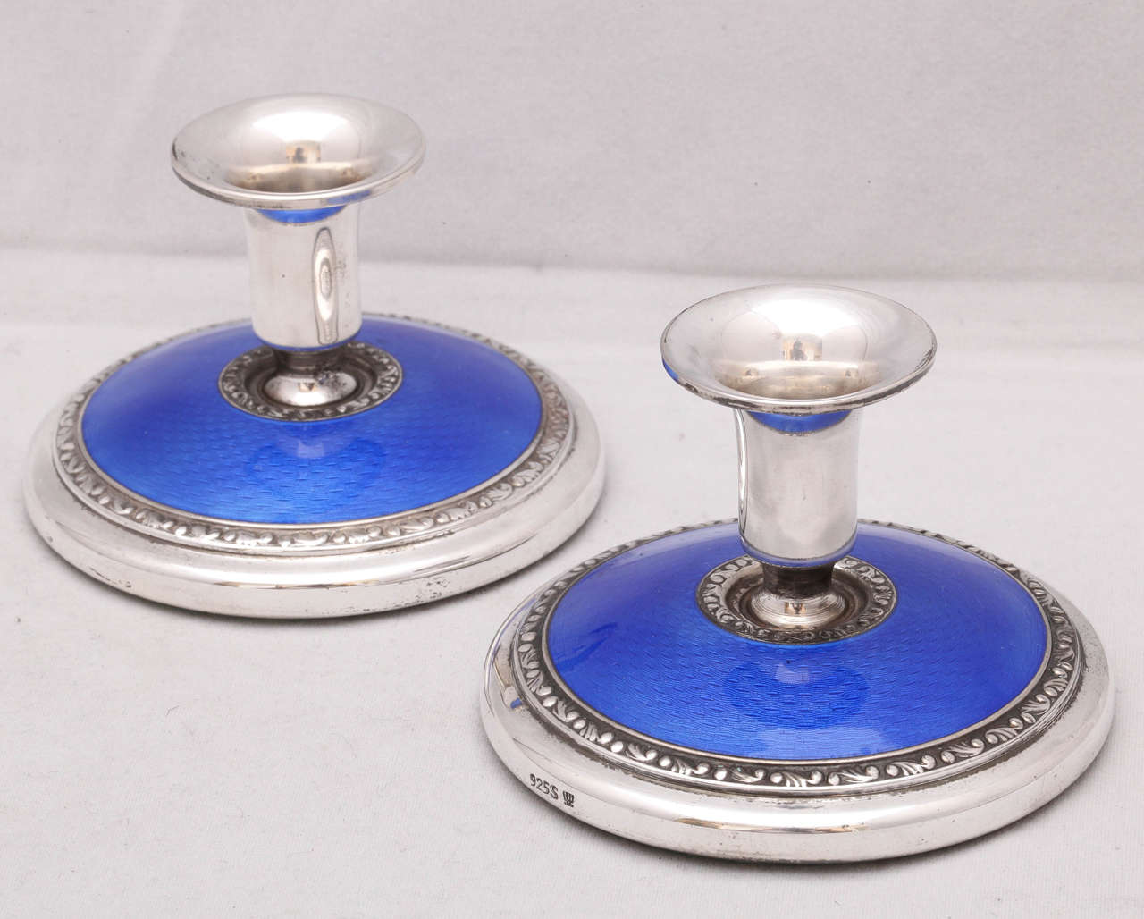 Art Deco Pair of Norwegian Sterling Silver, Blue Guilloche Enamel Candlesticks 1