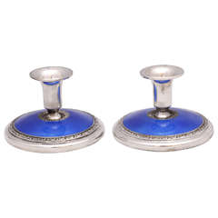 Art Deco Pair of Norwegian Sterling Silver, Blue Guilloche Enamel Candlesticks