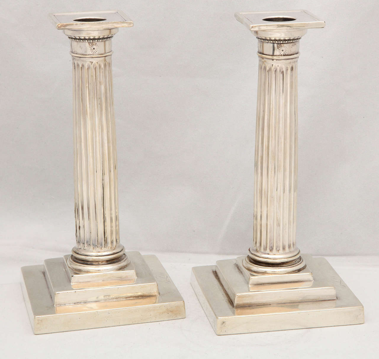 American Edwardian Pair of Sterling Silver Column Form Candlesticks