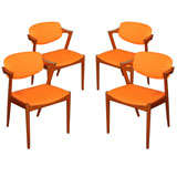 Set of 4 Teak and Orange Dining Chairs by Kai Kristiansen
