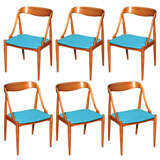 Set of 6 Teak and Turquoise Blue Dining Chairs