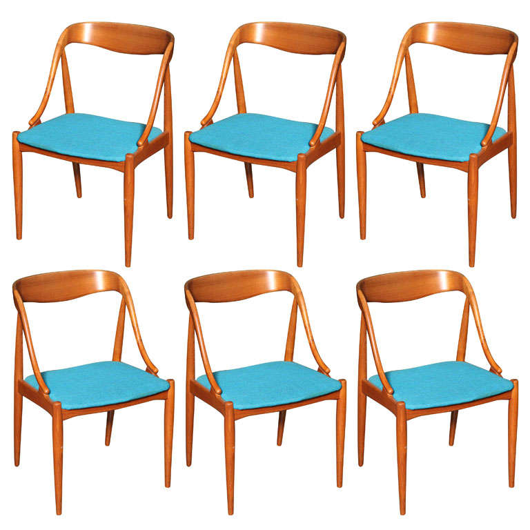 Set of 6 Teak and Turquoise Blue Dining Chairs at 1stDibs
