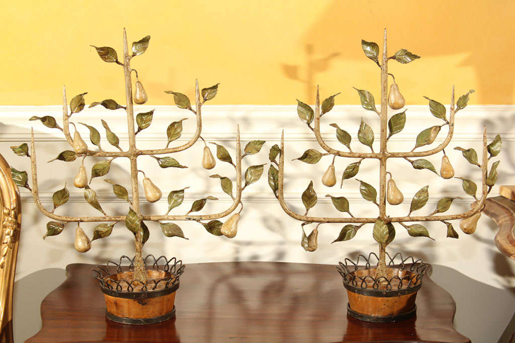 pr. of Italian tole espaliered pear trees in faux bois baskets
