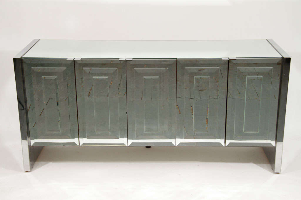 Glamorous Ello credenza with stacked beveled mirrored doors.A beautiful, showy piece. Versatile use as a credenza or dresser. Interior of cabinet we currently have has a slightly different configuration. Please call for details and for location.