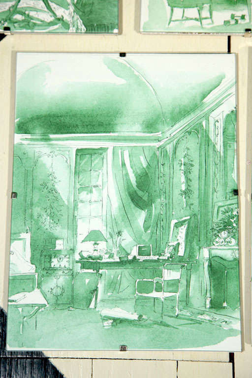 Charming set of watercolor renderings found in Paris. They are done in a beautiful shade of green. Assembled with plexiglass, Masonite, and metal clips.