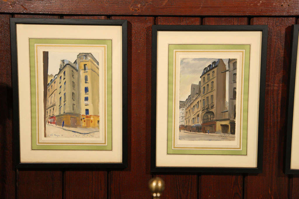 Moody Paris street scene watercolor paintings, framed.
Six paintings are available.