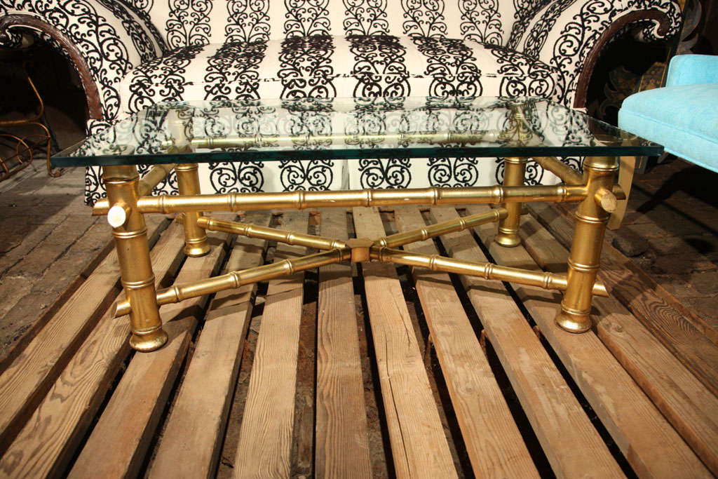 Hollywood Regency Gilt Faux Bamboo Coffee Table For Sale