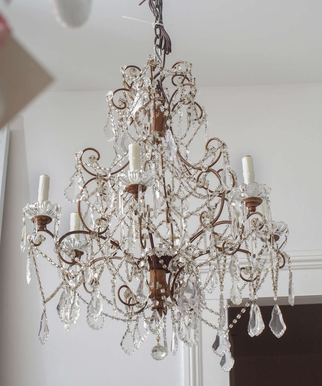 Elegant Italian crystal and gilt chandelier.