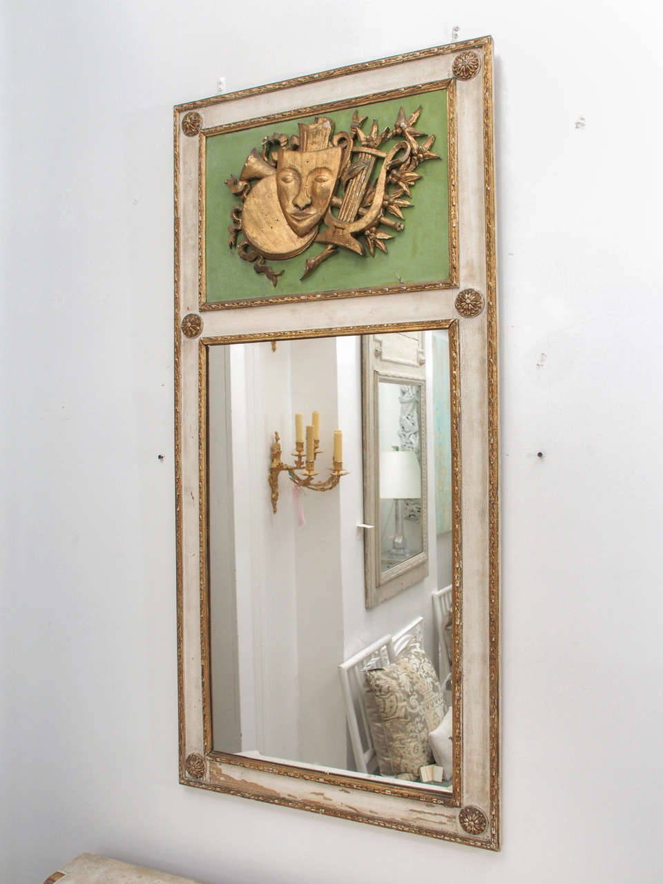 Green and Gilt Trumeau with Mask, Harp and Horn Decoration