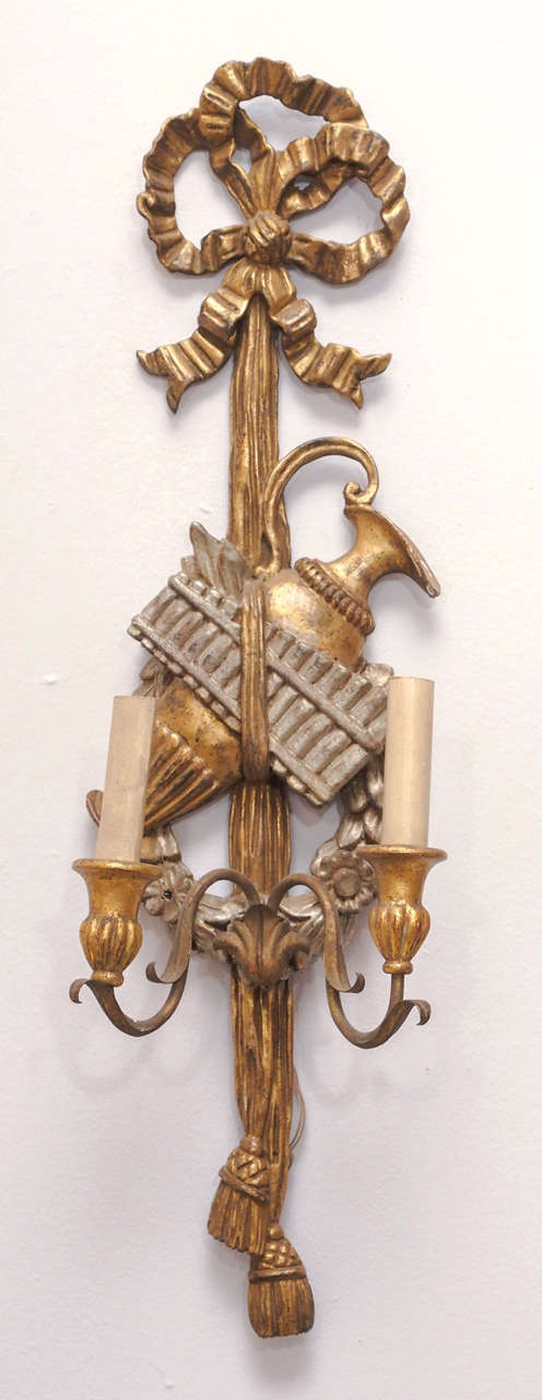 Pair of 19th Century Italian Carved Wood Gilt and Silvered Two-Arm Sconces