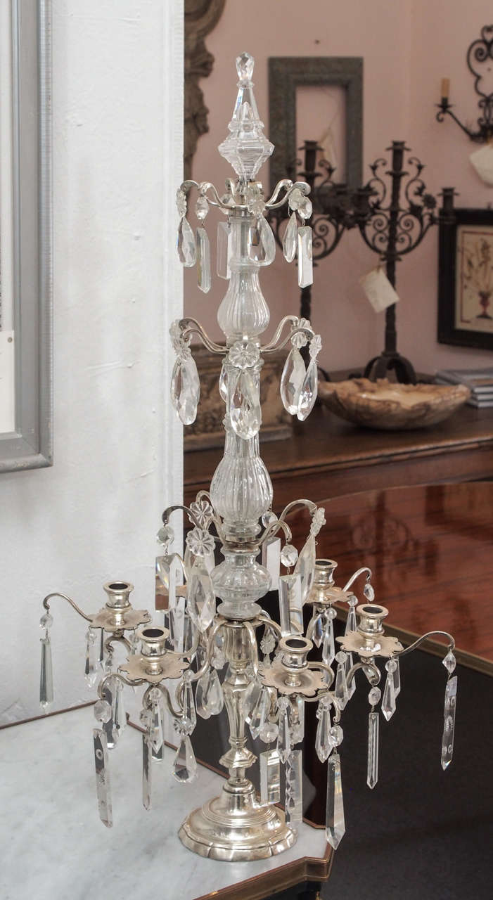 Pair of Early 20th Century Louis XV Style Crystal and Silver French Girandoles In Good Condition For Sale In New Orleans, LA