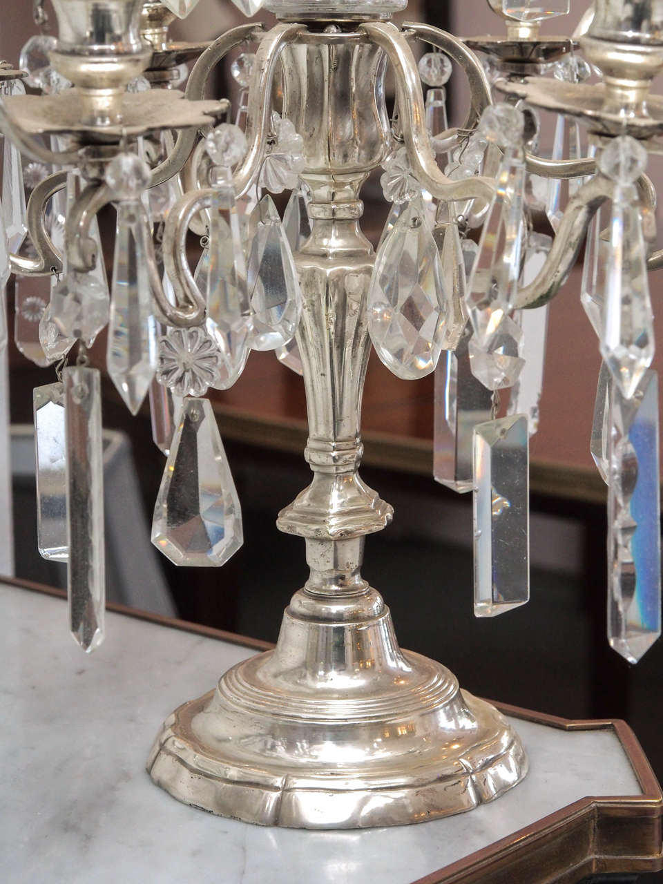 Pair of Early 20th Century Louis XV Style Crystal and Silver French Girandoles For Sale 3