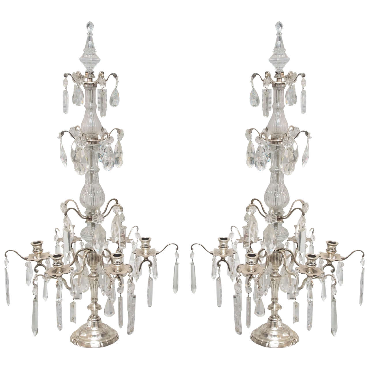 Pair of Early 20th Century Louis XV Style Crystal and Silver French Girandoles For Sale