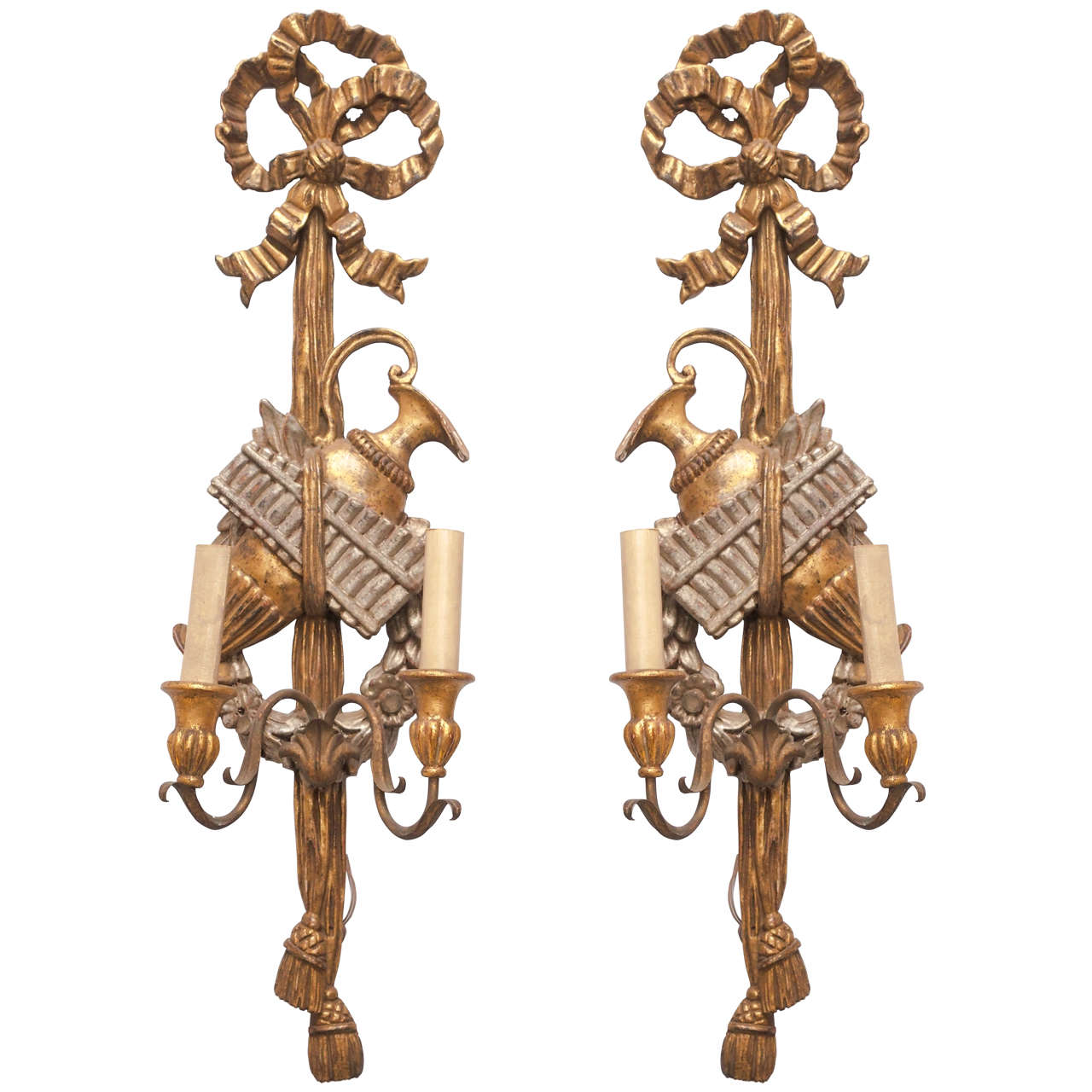 Pair of 19th Century Italian Carved Wood Gilt and Silvered Two-Arm Sconces at 1stdibs