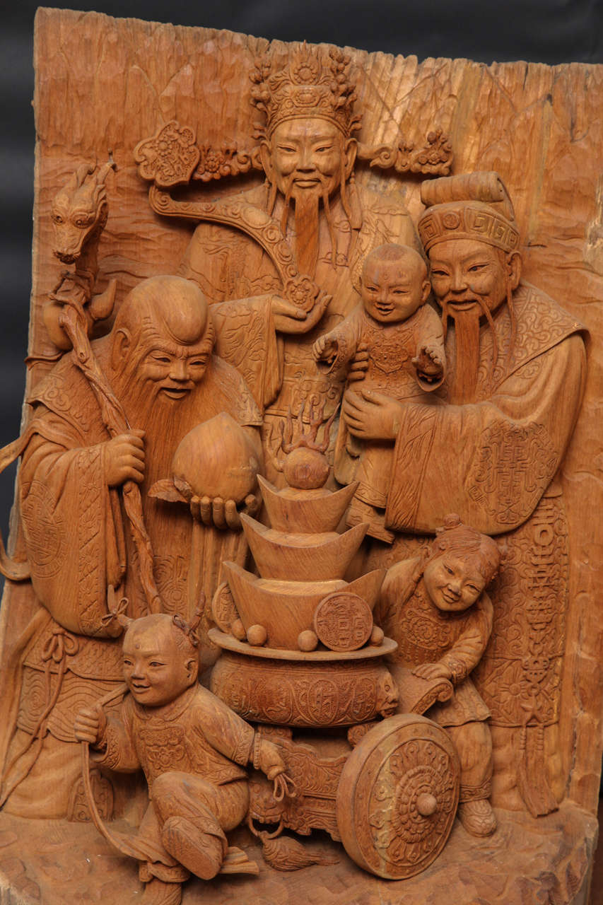 Folk Art Extraordinary Carving of Three Lucky Chinese Gods in Solid Teak For Sale