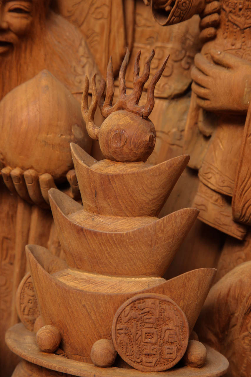 Hand-Carved Extraordinary Carving of Three Lucky Chinese Gods in Solid Teak For Sale