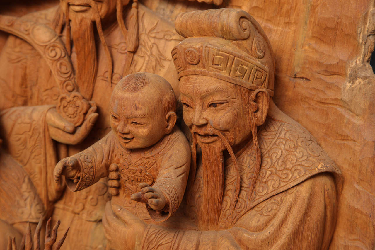20th Century Extraordinary Carving of Three Lucky Chinese Gods in Solid Teak For Sale