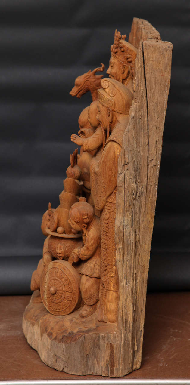Extraordinary Carving of Three Lucky Chinese Gods in Solid Teak For Sale 3