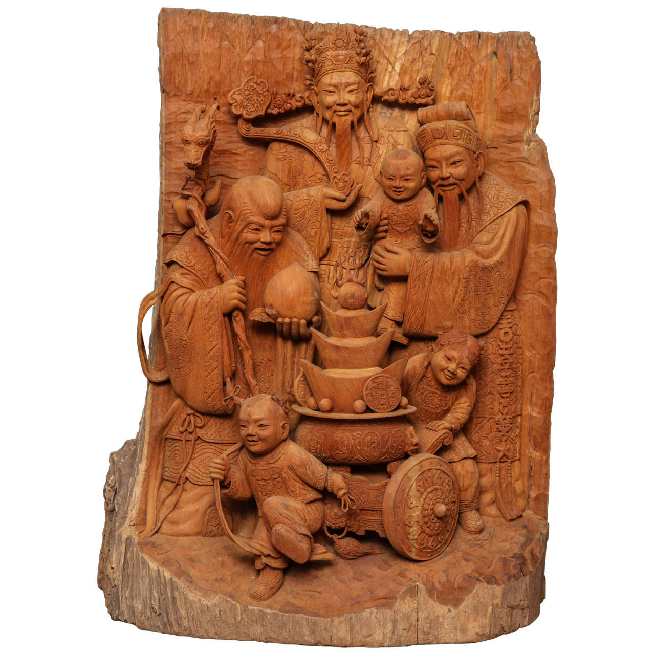 Extraordinary Carving of Three Lucky Chinese Gods in Solid Teak For Sale